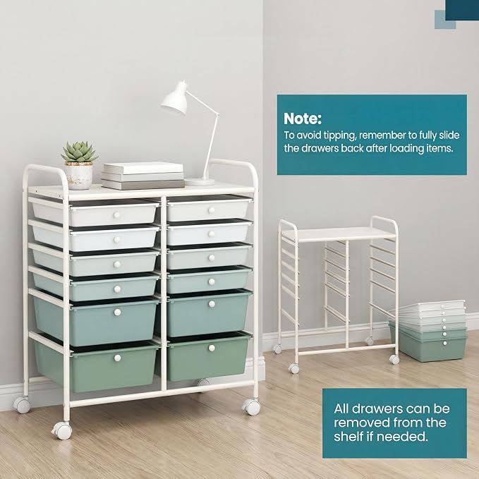 COSTWAY 12-Drawer Rolling Storage Cart, Moveable Art Craft Organizer | Lockable Wheels, Metal Shelf, Files Arrangement Tools Makeup Storage Cart for Office, Home, School (Green Gradient)