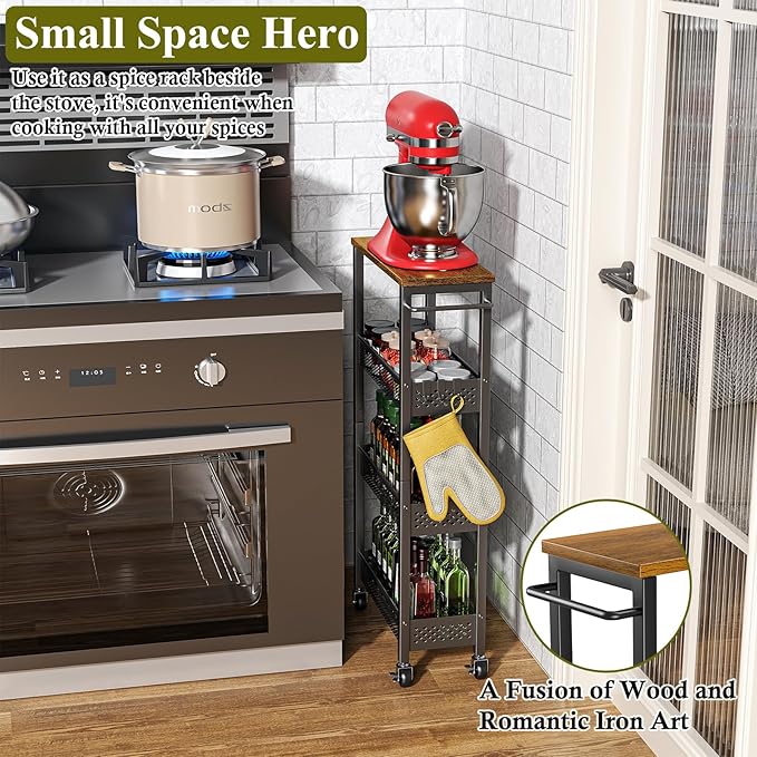 OKZEST 4-Tier Slim Rolling Storage Cart for Kitchen, Laundry Room, Bathroom | Upgraded metal hub casters, Narrow utility cart for small space/gaps, Premium wood top & metal mesh shelf, with handle & hook