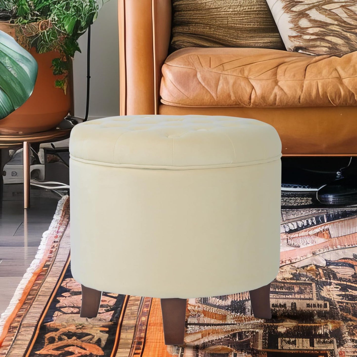 Homepop Home Decor | Upholstered Round Velvet Tufted Foot Rest Ottoman | Ottoman with Storage for Living Room & Bedroom | Decorative Home Furniture, Cream
