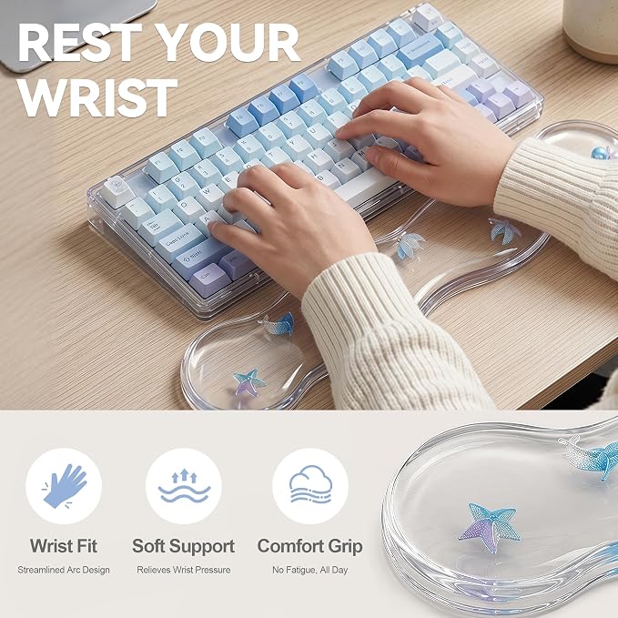 Clear Gel Wrist Rest for Keyboard and Mouse, Ergonomic Non-Slip Silicone Mouse Wrist Rest Set, Soft Comfort for Typing & Gaming Wrist Pain Relief, Fits 60%/68%/75% Keyboards (Sea Animal)