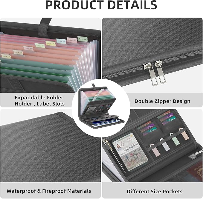 Fireproof Accordion File Organizer, Expanding File Folder with 13 Pockets | Portable Document Organizer with Waterproof Zipper & Labels, File Organizer for Important Document/Paper Storage, Dark Gray