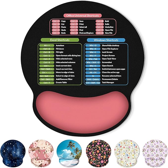 KONVINIT Ergonomic Mouse Pad with Wrist Rest, Small Excel Cheat Sheet Desk Pad with Windows & Office & Excel Shortcuts, Non-Slip Rubber Base Mouse Pads for Desk with Smooth Surface, Black Pink