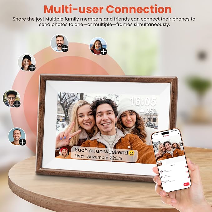 Frameo 10.1" Smart Digital Picture Frame with Walnut Moulding, 16:9 1280p HD IPS Touchscreen Display, 32GB Storage, MicroSD Slot, Plug-in Power, Easy Wireless Photo & Video Sharing, Idea
