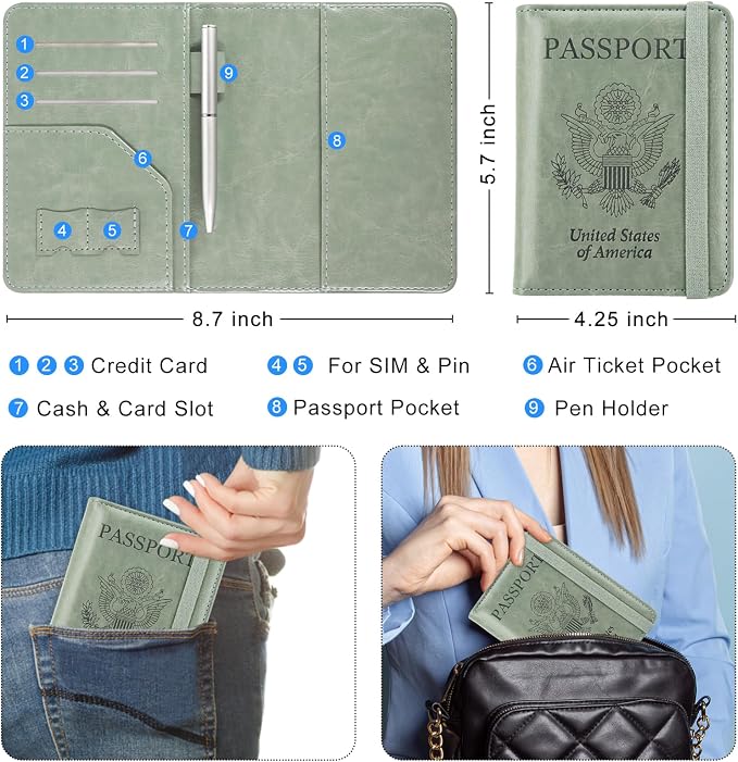 ACdream RFID BLOCKING Passport Holder Travel Wallet, Premium PU Leather Cover Passport Book with Card Holder, Pen Holder, Keep Organization, and Travel Essentials for Women/Men, Agave Green