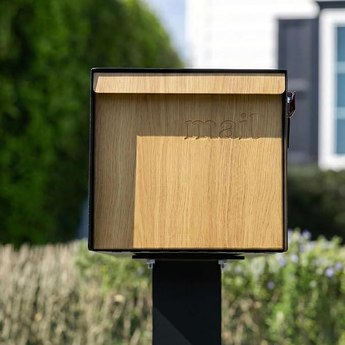 Adoorn Post Mount Outdoor Mailboxes - Large Decorative Mailbox for Letters and Packages - Weatherproof Construction - Durable Steel - Magnetic Closure - 9.5” H x 9.5” W x 20.75” D - White Oak