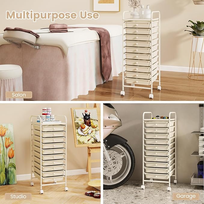 GLACER 10 Drawers Rolling Cart, Storage Cart with w/Removable Drawers & Steel Frame, Utility Mobile Trolley w/Universal Casters & 2 Brakes, Organizer Cart for Home, School, Office (Ivory)