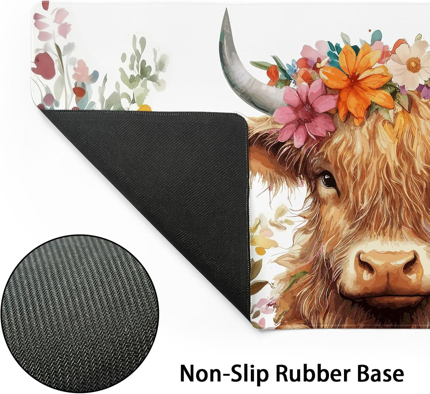 Aesthetic Highland Cow Gaming Mouse Pad XXL Cow Print Blue Orange Floral Extended Large Mat Mousepad Desk Pad Non-Slip Rubber Base Stitched Edge Flower Keyboard Pad Playmat for Computer,35.4×15.7 in