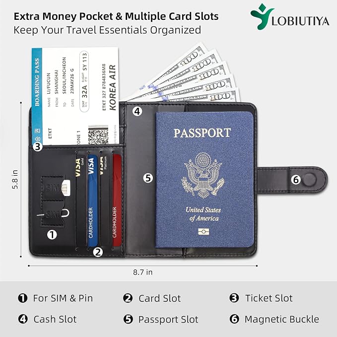 Passport Holder For Travel with Luggage Tag Cover – RFID Blocking Travel Passport Wallet Holder for Men/Family| PU Leather Passport Case with Extra Money Pocket/Magnetic Clasp, Black