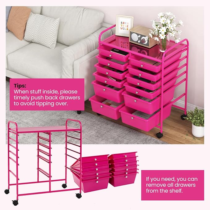COSTWAY 12-Drawer Rolling Storage Cart, Moveable Art Craft Organizer | Lockable Wheels, Metal Shelf, Files Arrangement Tools Makeup Storage Cart for Office, Home, School (Hot Pink)