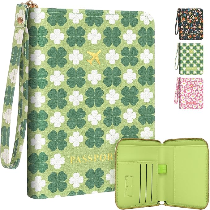KONVINIT Four Leaf Passport Holder For Travel, Passport Cover For Women | Leather RFID Blocking Passport Holder, Cute Passport Wallet with Zipper Closure, Passport Case for Women and Men