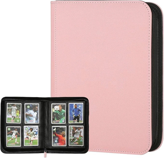 4 Pocket Ringless Side Loading Trading Card Binder, 160 Cards PU Fixed Page Zipper Card Album for TCG Sports Game Cards, Not Fit Top Loaders (Pink)