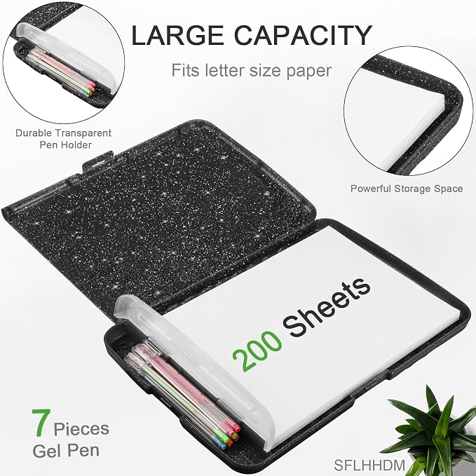 SFLHHDM Glitter Clipboard with Storage, Plastic Storage Clipboard with Pen Holder, Clip Boards 8.5x11 with Low Profile Clip, Side Opening Sparkle Clipboards Folder for Office (Glitter Dark Gray-Black)
