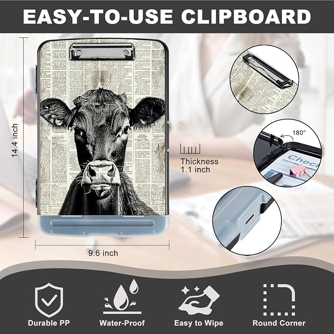 Clipboard with Storage,Storage Clipboard with Pen Holder,Heavy Duty Plastic Storage Clipboard with Low Profile Clip,Teacher Must Haves,Clipboard Folder,Office Supplies,Black and red Cow -1334