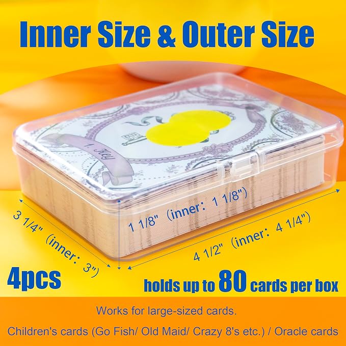 JINUPHION 4 Pcs Playing Card Case, for Go Fish/Old Maid/Oracle Card/Other Larger Than Standard Size Cards, Plastic Clear Card Deck Box Storage, 4 1/2" × 3 1/4" × 1 1/8" (NO Cards)