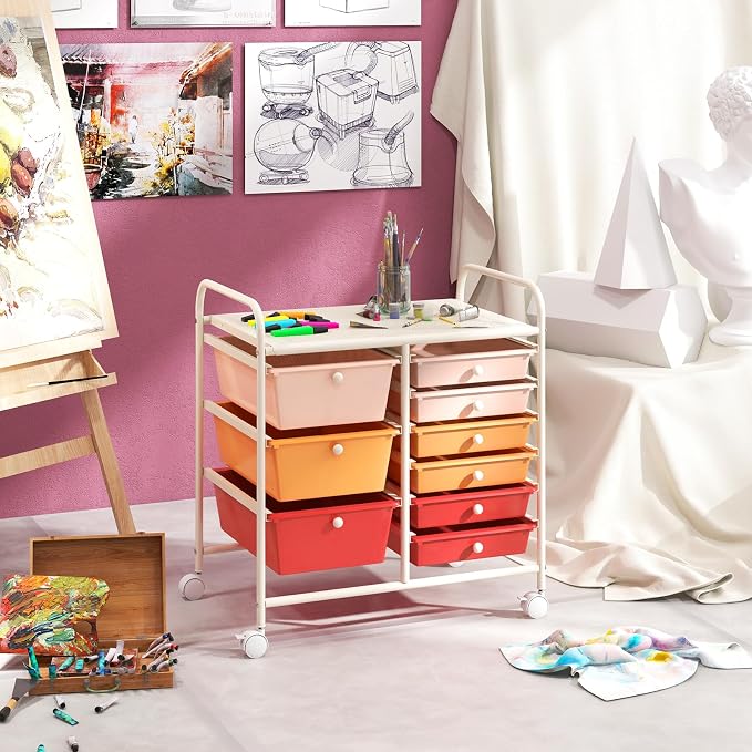 COSTWAY Rolling Storage Cart with 9 Drawer, Utility Cart with Metal Frame | Mobile Art Supply Craft Organizer, Multipurpose Storage Organizer for Paper, Office, School Teacher, Classroom, Macaron