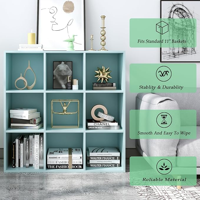 OSCHF 9-Cube Storage Shelf Bookcase - Wooden 3-Tier Floor Standing Open Bookshelf for Home and Office, Display Cabinet, Light Blue