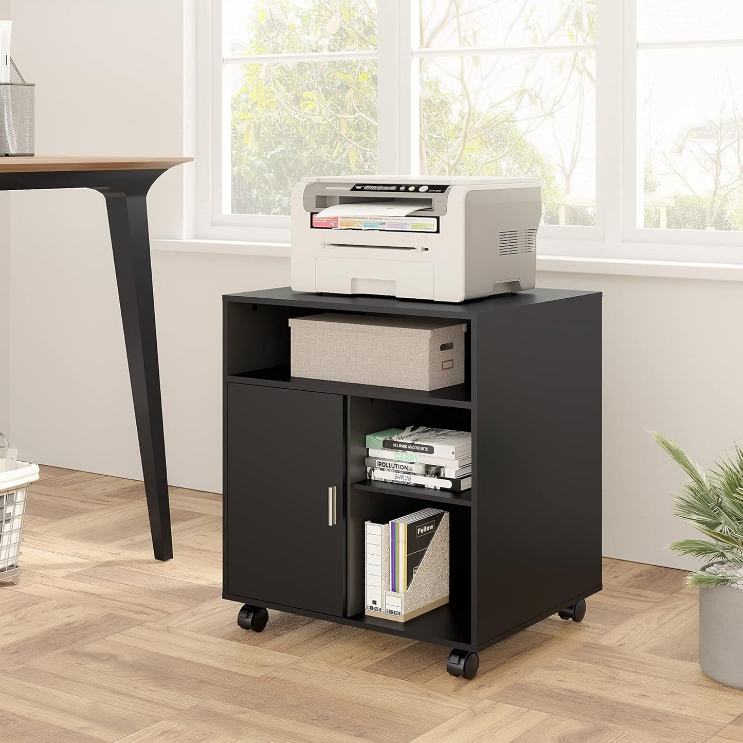 FITUEYES Printer Stand with Storage Adjustable Shelves, Wood Mobile Cart with Door, Rolling File Cabinet on Wheels for Home Office, Black, PS406001WB