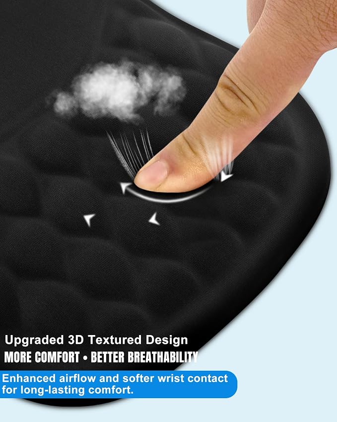 Ergonomic Mouse Pad with Sloped Memory Foam Wrist Rest (Black) | 3D Textured Wrist Cushion, Smooth Lycra Surface, Non-Slip PU Base, Comfortable Support for Office/Home Computer Desks