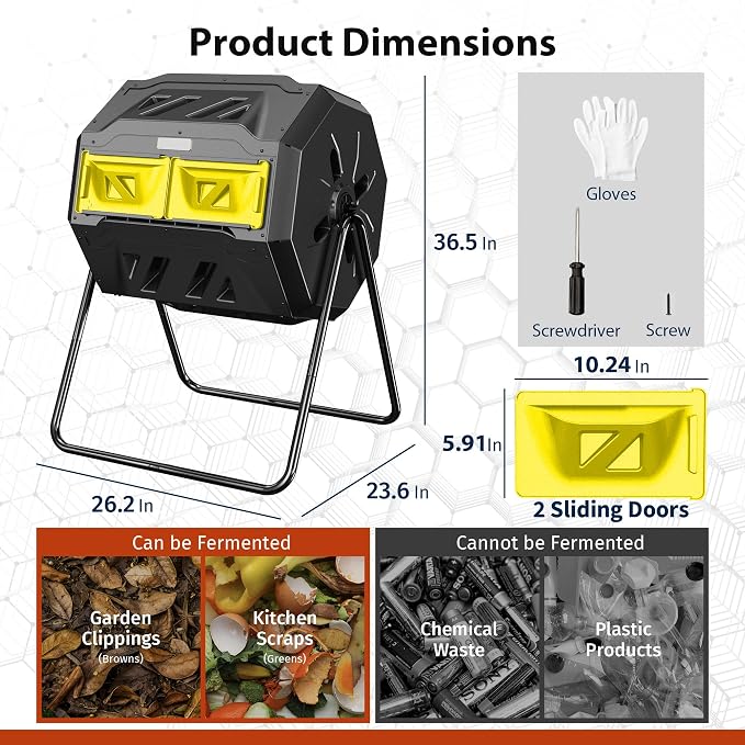 Compost Bin, 43-Gal Dual Chamber Composter Tumbler, Black Yellow | Steel Frame with 2 Sliding Door and Aeration System, 360° Rotating, Tumbling Composting Bin for Kitchen, Garden, Yard