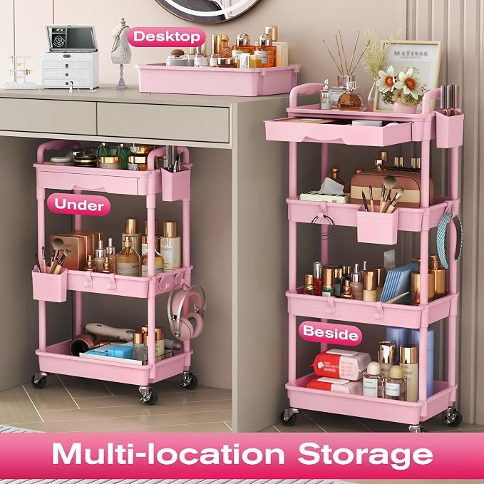 Goovilla Rolling Makeup Organizer Cart with Removable Drawer, 3 Tier Pink | Stable Floor Skincare Storage Cart for Vanity, Cosmetic Display, Nail Polish, Perfume, Hair Stuff, Beauty, Bathroom(Plastic)