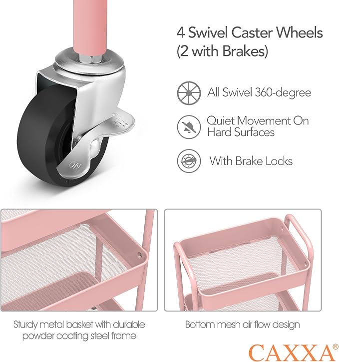 3-Tier Rolling Metal Storage Organizer - Mobile Utility Cart with Caster Wheels, Pink