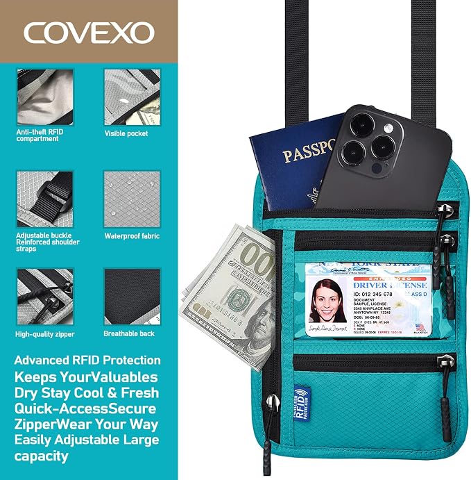Neck Wallet for Travel, RFID Blocking Passport Holder - Slim Travel Pouch with Adjustable Strap | Holds Phone, Cards, Cash, Documents | Water-Resistant & Secure for Men & Women