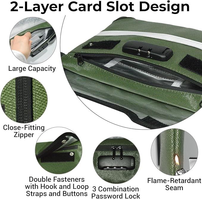 6200°F Fireproof Document Bag with Lock, 11.4 x 8.3 Inch Fire Proof Bag for Documents Storage, Water Resistant Fire Proof Money Bags with Zipper, Fireproof Pouch Cash for Envelope Green