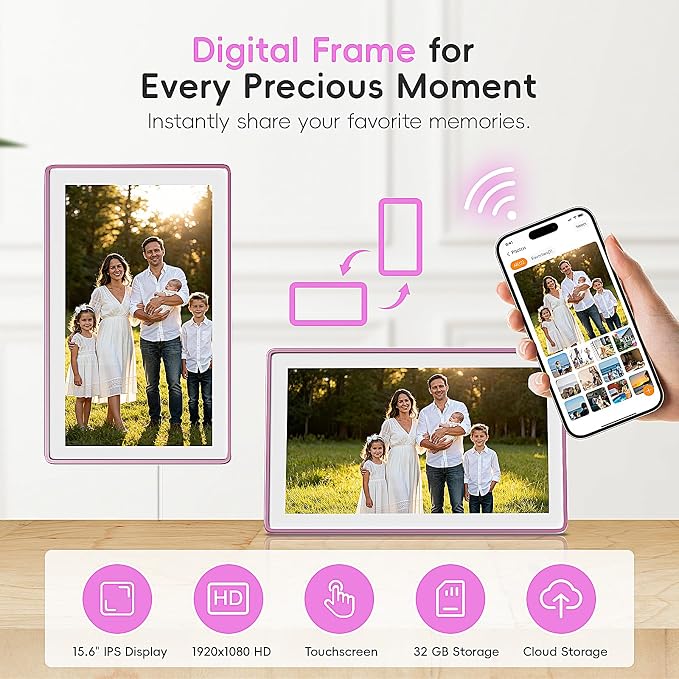 Westsee 15.6" Digital Calendar, No Subscription Smart Family Planner, Interactive Touchscreen Electronic Wall Calendar, Photo Display, Meals, Chore Chart & Tasks, Wall & Desk Mountable (Pink)