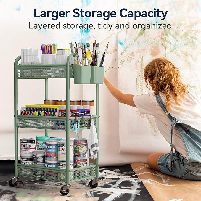 3 Tier Metal Rolling Cart, Green Utility Storage Cart with Wheels | Metal Mesh Craft Cart With Hooks & Hanging Cups, Ideal For Kitchen, Bathroom, Office, Dorm, Art Workspace, Bedside Storage
