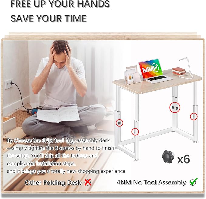 4NM No Tool Assembly 31.5" Small Desk, Folding Portable Desk with Wheels, Adjustable Height Foldable Computer Home Office Desks, Collapsible Study Writing Table for Space Saving Bedroom - Cloud Oak