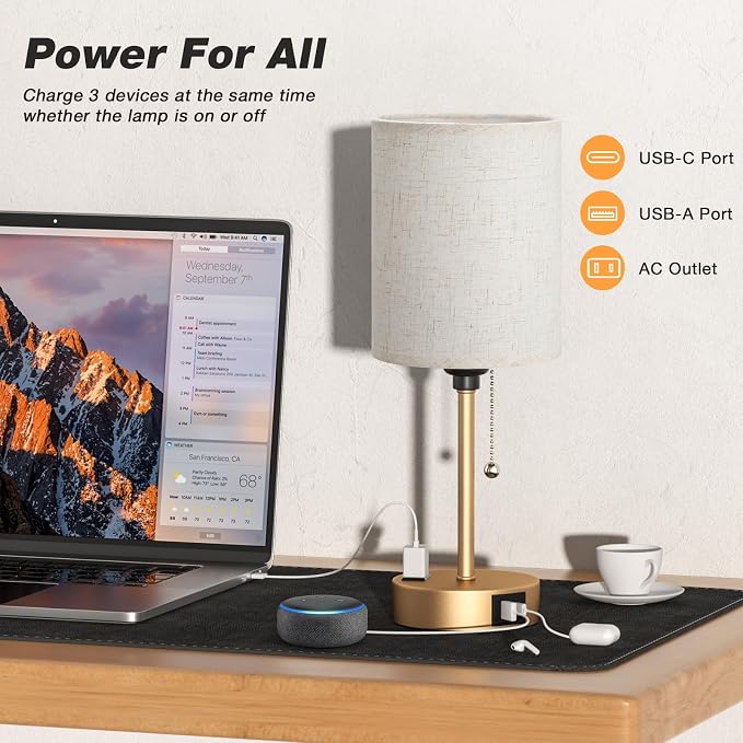 Small Bedside Table Lamp for Bedroom, Desk Lamp with USB Ports for Dorm | USB A+C Ports, AC Outlet, 3 Color Temperatures, LED Bulb Included, Linen-Fabric Shade, Gold Brass Base, 14" Night Stand Lamp