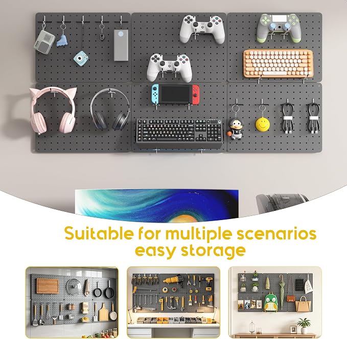 Steel Pegboard Tool Wall Organizer, 6 Pack 14.76 x 10.82 in, 6 Bins, Gray | 6 clear storage bins organize screws and small parts; 36 hooks and 30 peg locks keep garage tools sorted and easy to reach.