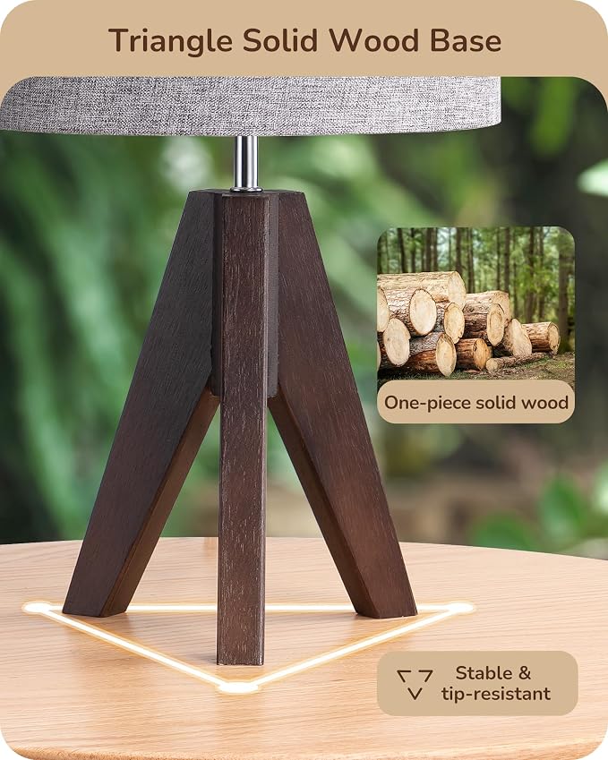 EDISHINE Boho Small Table Lamp, Wood Lamp, Grey Linen Lampshade,14.2 Inch | Walnut Color Tripod Bedside Lamp, Farmhouse Nightstand Lamp for Nursery, Bedroom, Office, Kid Room, Living Room, E26 Socket