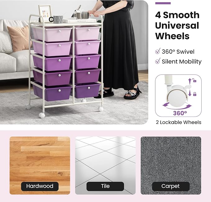 BECOMFORT 10-Drawer Rolling Cart with Drawers, Storage Cart on Wheels, Teacher Classroom Organizers with Metal Frame, Mobile Craft Cart, Trolley Utility Cart for School Office Play Room