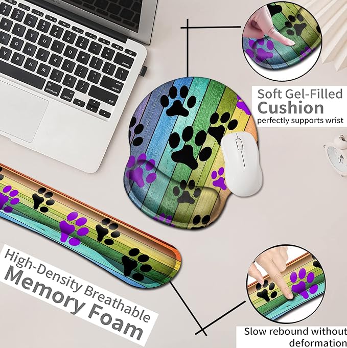 Mouse Pad with Wrist Support Memory Foam Keyboard Wrist Rest Gaming Mousepad Office Easy Typing Games to Relieve Fatigue Non-Slip Rustic Rainbow Woodgrain Black and Purple Dog Paw Personality Desings