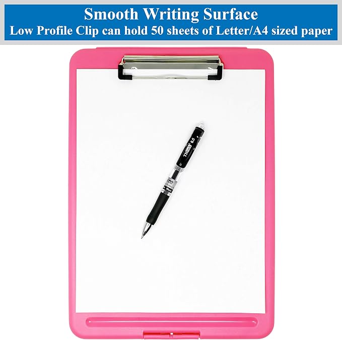 Think2Master [3 Pack] Pink Plastic Storage Clipboard. | 25% Heavier & Sturdier| Heavy Duty and Won’t Flex Like Other Brands (Compare The Weight). Storage Compartment Holds 150 Letter Sized Paper.