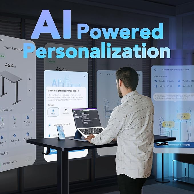 HUANUO AI-Powered Electric Standing Desk with Smart APP, Compatible with Alexa & Google, Adjustable Height, 6 Memory Settings, Sedentary Reminder, Ergonomic Sit-Stand Desk, 55-inch, Black