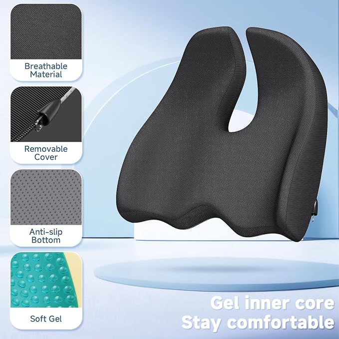 Benazcap Large Cooling Gel Memory Foam Seat Cushion for Long Sitting | Ergonomic cushion. Relieves sciatica, tailbone & lower back pain, great for office work, gaming and long-distance car travel.