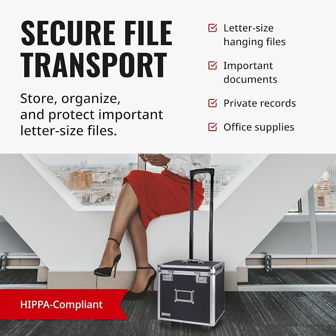Vaultz Locking Mobile Business Case, Letter Size, 11x14.75x13.75 In, Black | Combination lock for document security, portable rolling design for office or travel use, letter-size file capacity