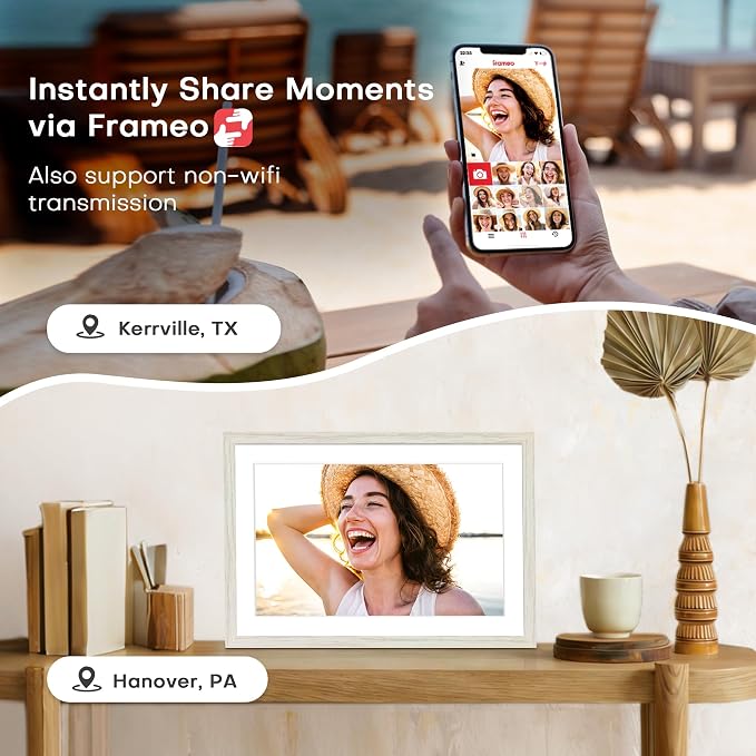 Frameo 10.1" Digital Picture Frame WiFi Wood, 1280 * 800 IPS HD Touchscreen, 32GB Storage, Instant Share Photo Video, Gifts for Mom, House Warming