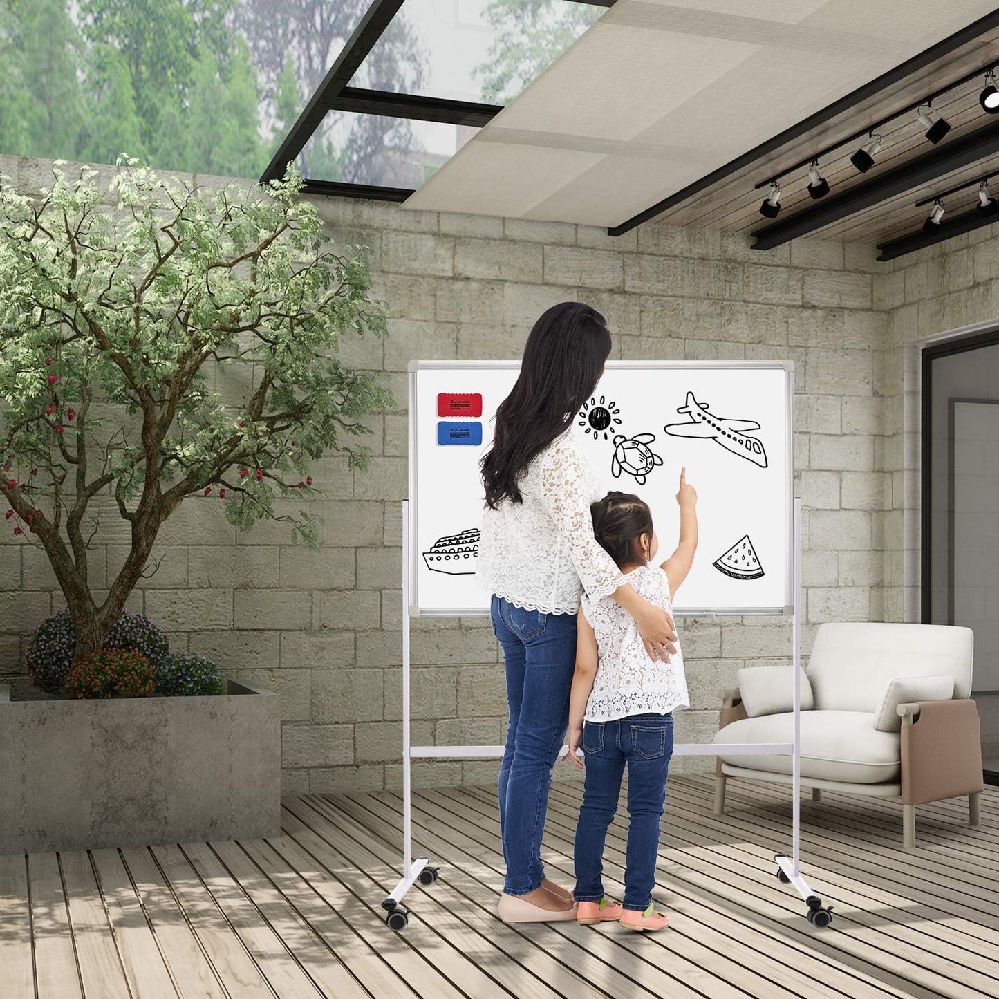 H-Qprobd Mobile Whiteboard 36"x24" Magnetic Dry Erase Board with Stand - Adjustable Height Double Side Rolling White Boards on Wheels for Home, Office & School