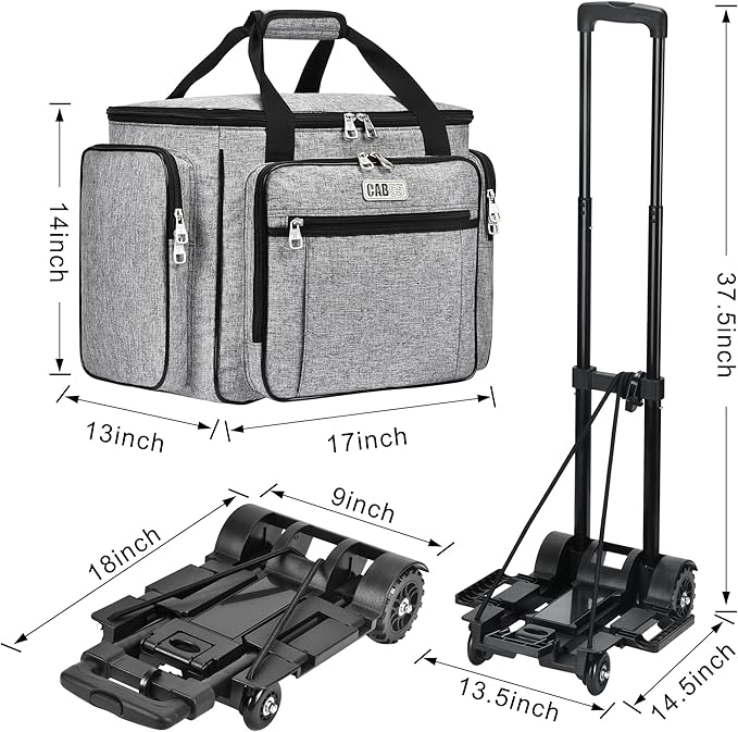 CAB55 Rolling Craft Bag, Tote Bag with Wheels for Women, Rolling Teacher Bag with Removable Folding Hand Truck (Grey)