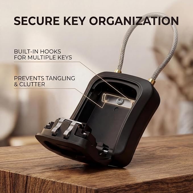 Iron Lock® Medium Key Lock Box with Code, 15-in Steel Cable Shackle (Black) | Built-in key hooks + catch tray; hangs on handles, gates, fences or a hasp; wall-mountable; dial cover; no batteries