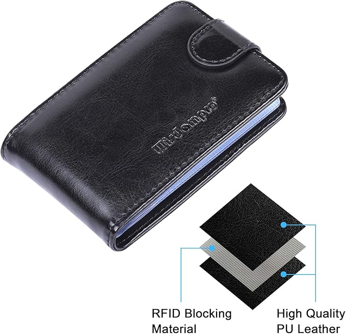 Wisdompro Credit Card Holder, RFID Blocking Wallet Debit Card Protector | Slim Leather Credit Card Organizer Case, Card Case with Magnetic Closure, 20 Card & 7 Memory Card Slots - Horizontal Black