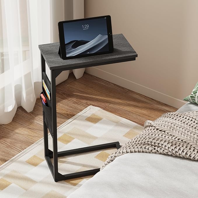 TUTOTAK C Shaped End Table, Side Table for Couch, Sofa Table | with Storage Bag, Set of 2, TV Tray for Living Room, Bedroom, Black TB01BK0822