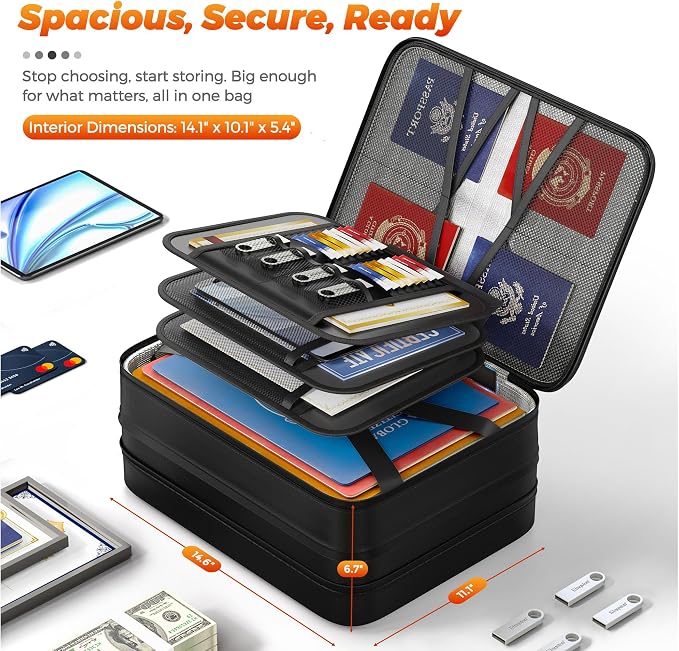 Nacial 5200℉ Fireproof Document Box with Lock, Expandable Document Organizer, Heat Insulated Fireproof Waterproof Box for File Storage, ﻿Portable Sturdy Handle for Important Documents Home Travel