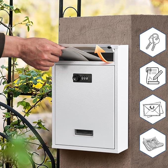 KYODOLED Locking Wall Mount Mailbox with Combination Lock, White | Heavy-Duty Steel, Secure Drop Box for Mail, Cash & Keys, Weather Resistant, Home, Office & School Use, 12.4 x 8.54 x 3.35 In