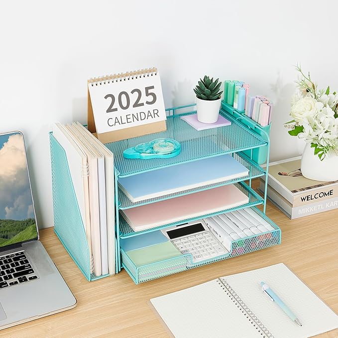 Desk Organizer, 4-Tier Desktop File Organizer with Drawer and Pen Holders, Office Desk Accessories, File Sorters, Workspace Organizers for Office Supplies(Teal Blue)