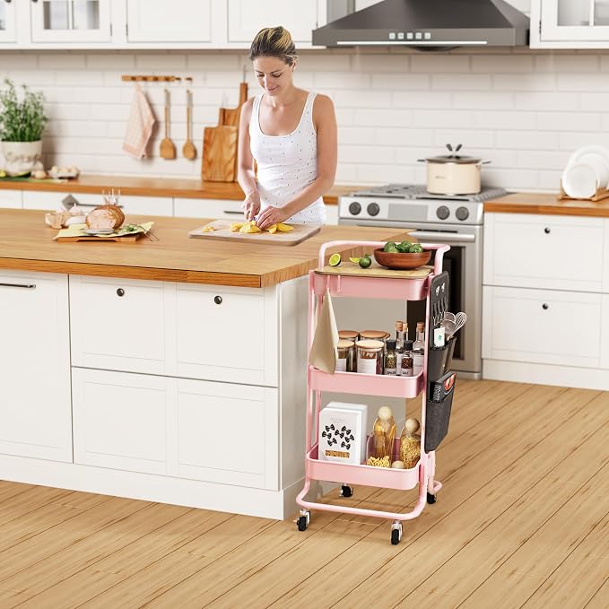 DTK 3-Tier Rolling Cart with Table Top, Metal Utility Cart with Side Bags | Tray Storage Organizer, Lockable Wheels, 4 Hooks, Art Cart for Kitchen, Bathroom, Office, Craft room, Living room, Pink