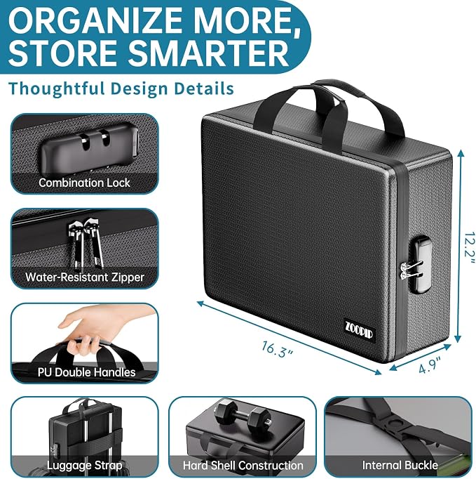 Fireproof Document Box with Lock, Hard-Shell File Organizer, Black | Water-Resistant Zipper,Letter Size,Large Capacity,Portable Safe Storage for Important Paperwork,Passports,Certificates
